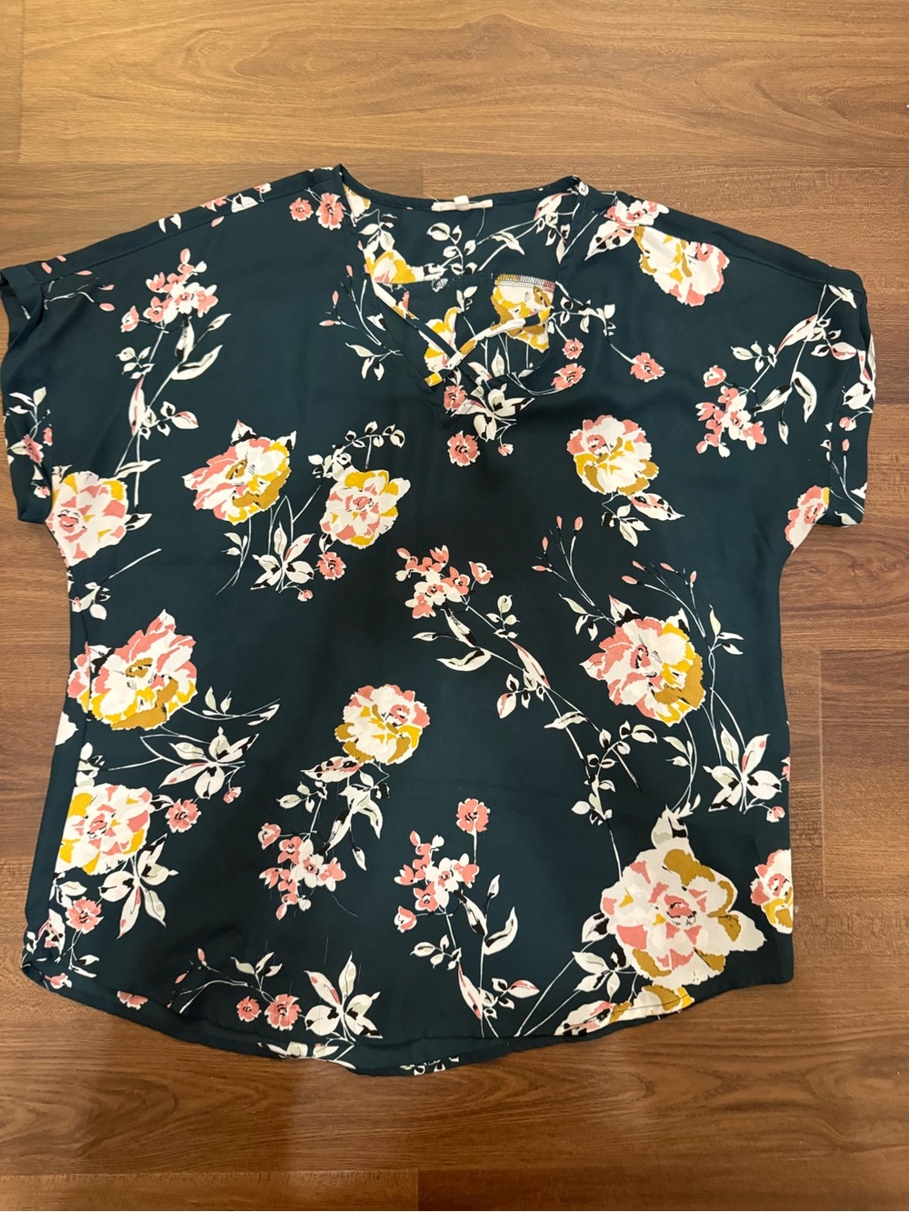 Maurices Dark Green Floral Short-Sleeve Blouse with Pink & Yellow Blooms